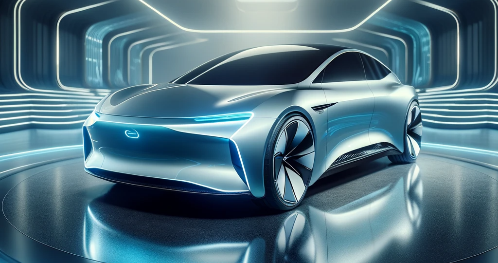 DALL·E 2023-12-05 16.55.57 – A luxurious and futuristic electric car, the Lucid Air, displayed in a sleek and modern setting, highlighting its innovative design and features